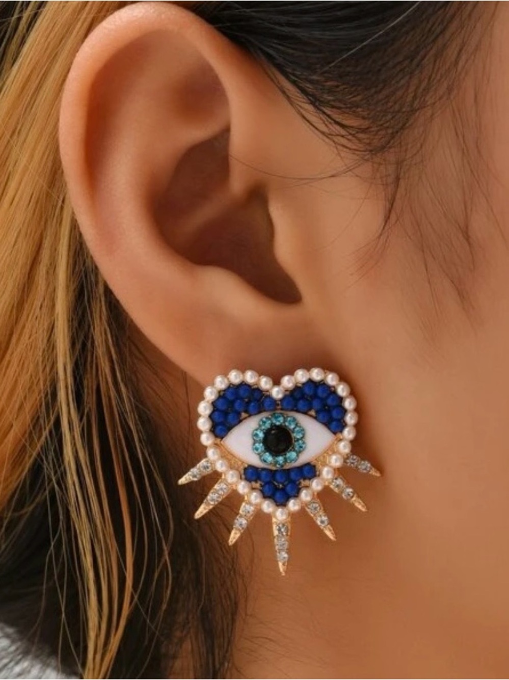 Blue Heart Evil Eye Statement Earrings - Women's Jewelry